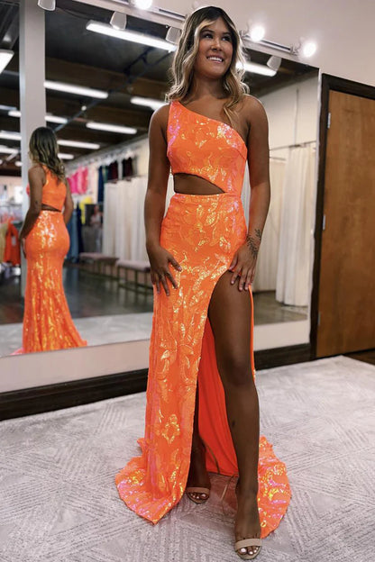 Cute Sparkly Mermaid One Shoulder Orange Sequins Long Prom Dresses with Slit