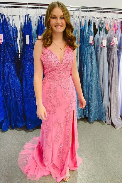 Mermaid Lace Appliques Prom Dress with Slit