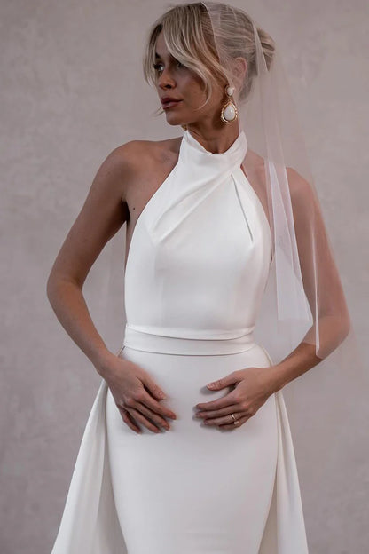 Elegant Mermaid Hatler Satin Wrap The Buttocks Wedding Dresses With Attached Train