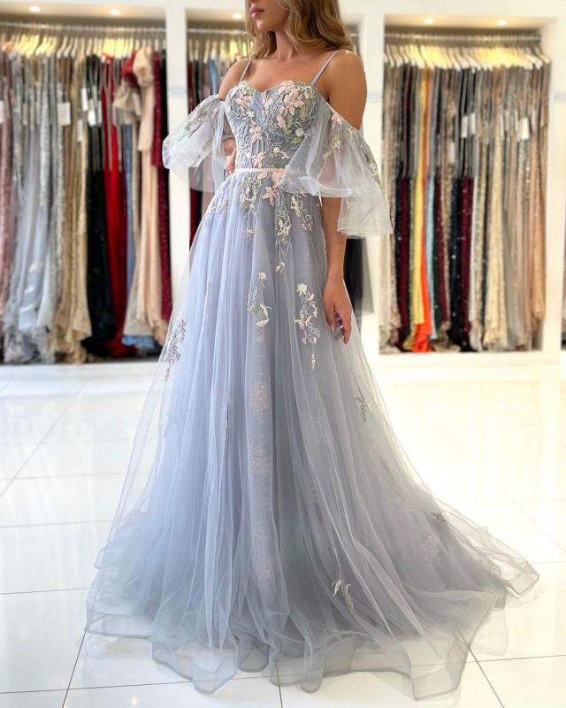 A Line Off the Shoulder Tulle Evening Sweep/Brush Train Dresses With Floral Appliques