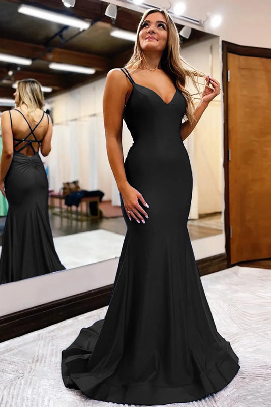 Black Mermaid V-Neck Spaghetti Straps Lace-Up Back Long Prom Dress