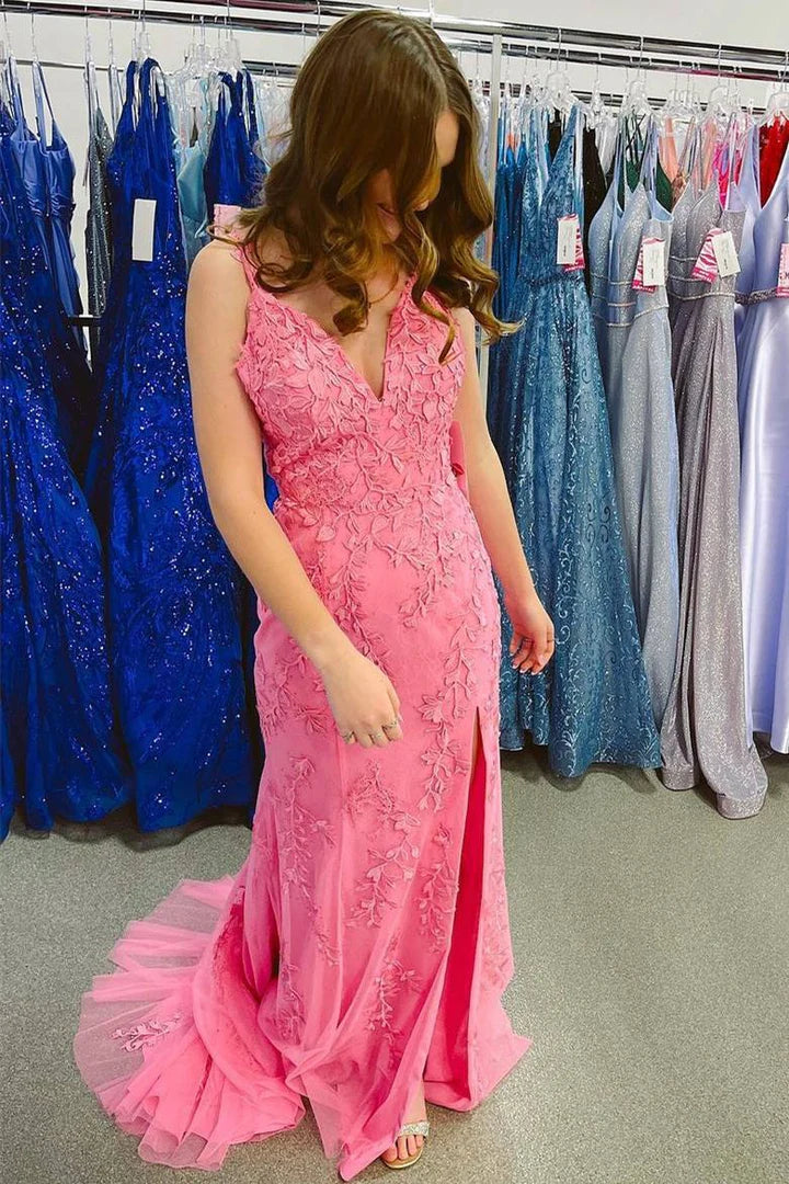 Mermaid Lace Appliques Prom Dress with Slit
