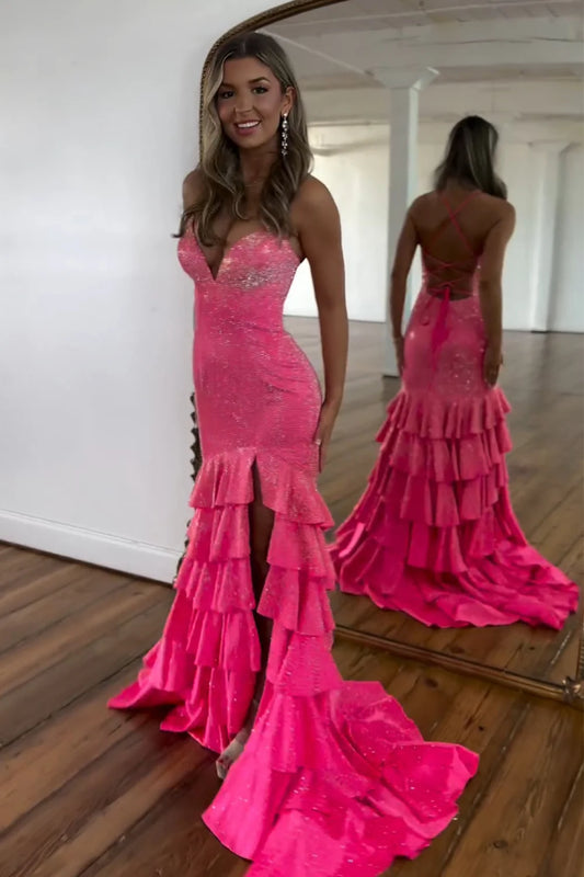 Fuchsia Mermaid Beaded V-Neck Spaghetti Straps Lace-Up Back Long Prom Dress