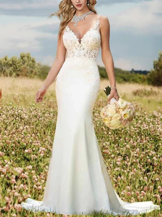 White Sheath/Column V-Neck One-Shoulder Wrap The Buttocks Floor-Length Backless Wedding Dress