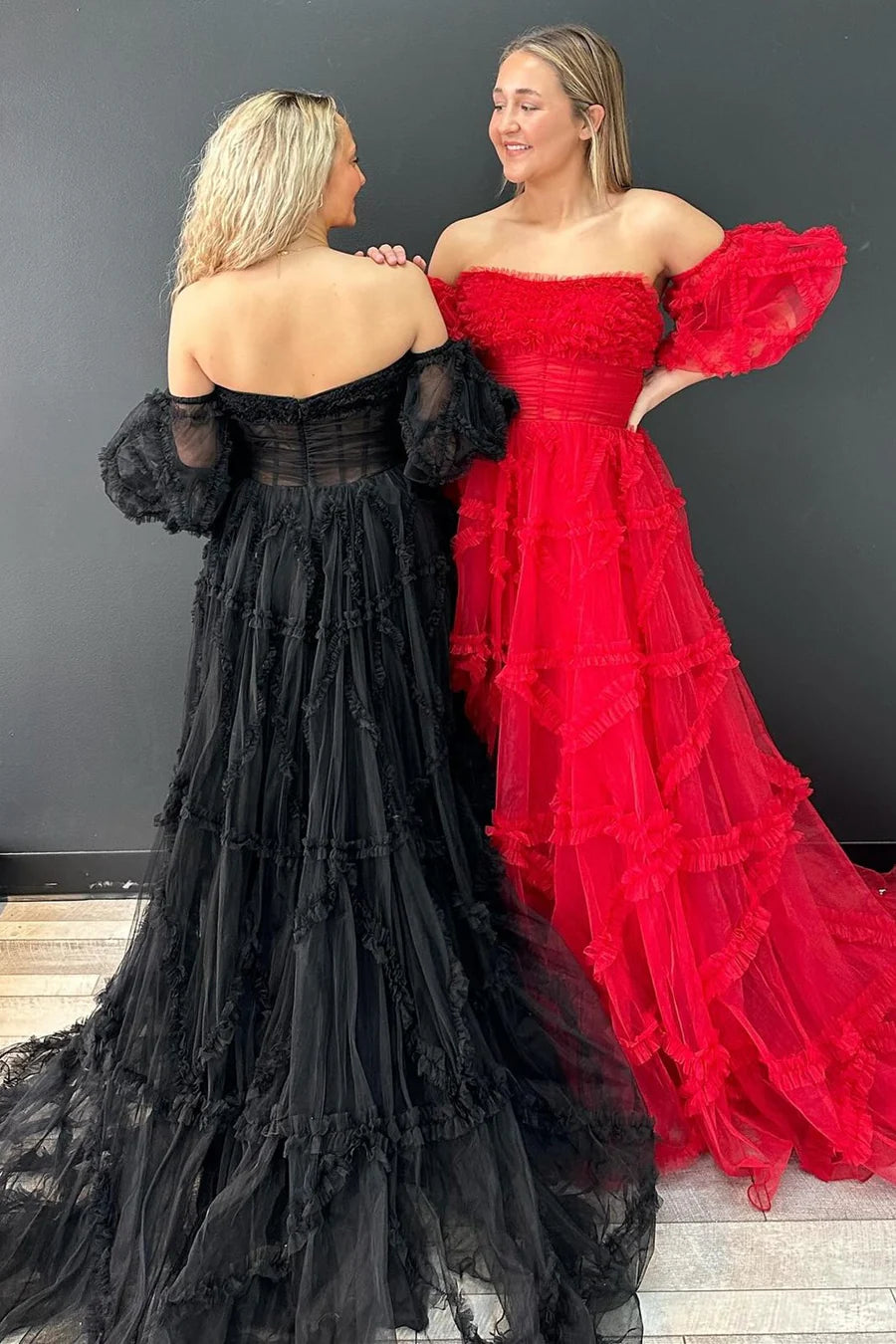 Strapless Ruffles A-Line Long Formal Dress with Puff Sleeves