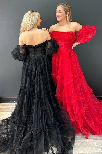 Strapless Ruffles A-Line Long Formal Dress with Puff Sleeves