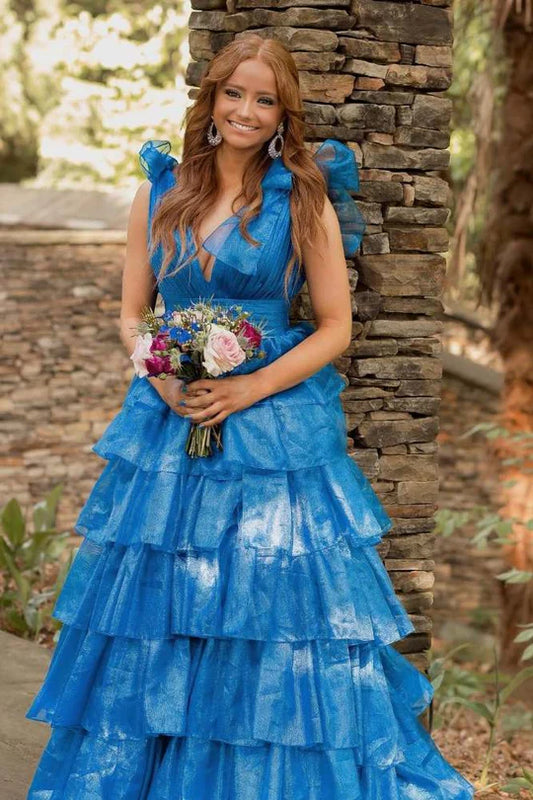 V-Neck Tiered A-Line Long Prom Dress with Bow Tie Straps