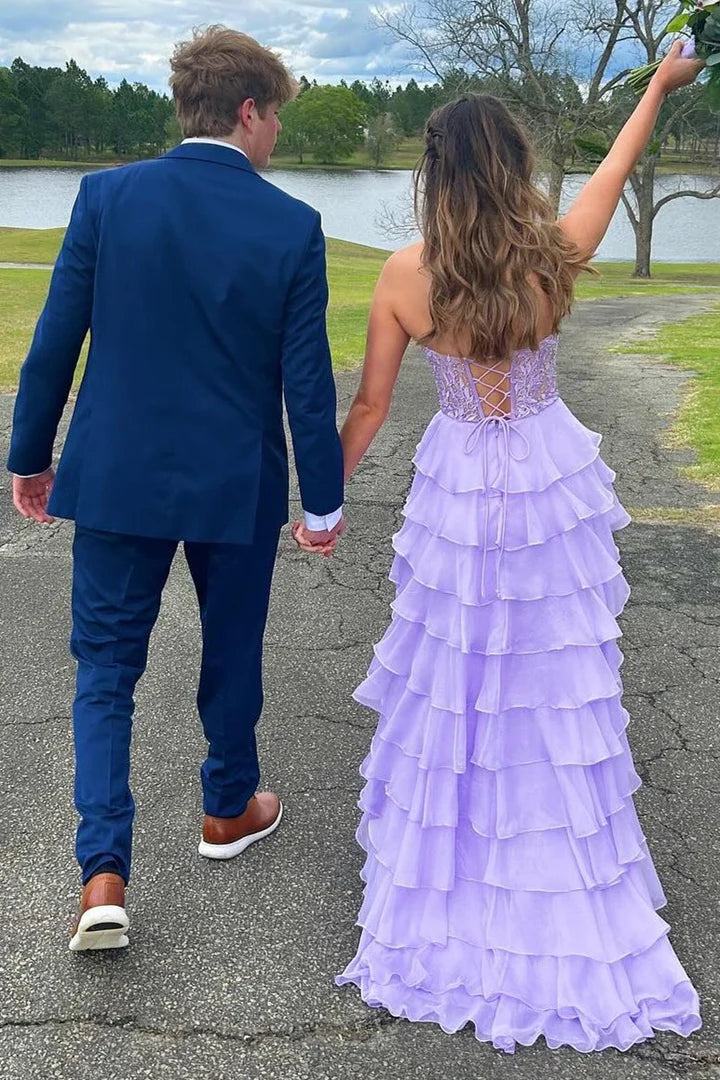 Chiffon Sweetheart Ruffle Tiered Long Prom Dress