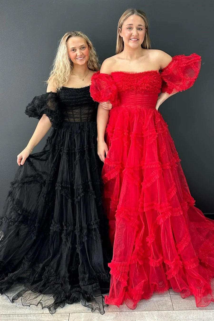 Strapless Ruffles A-Line Long Formal Dress with Puff Sleeves