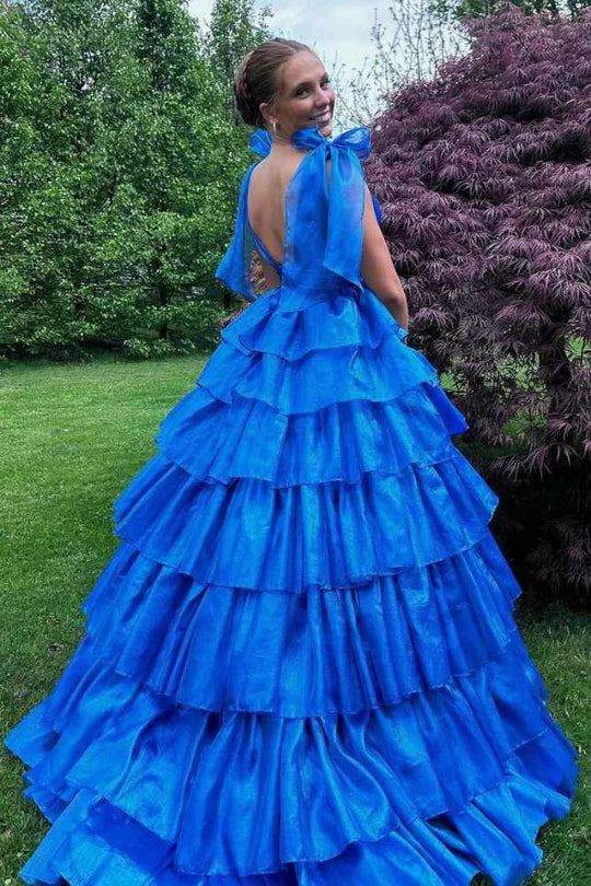 V-Neck Tiered A-Line Long Prom Dress with Bow Tie Straps