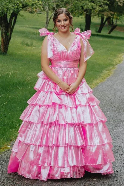 V-Neck Tiered A-Line Long Prom Dress with Bow Tie Straps