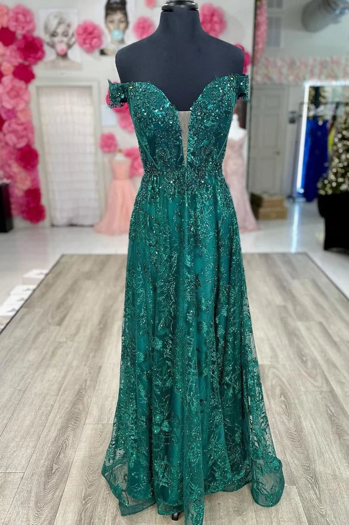 Off the Shoulder Green Long Formal Dress
