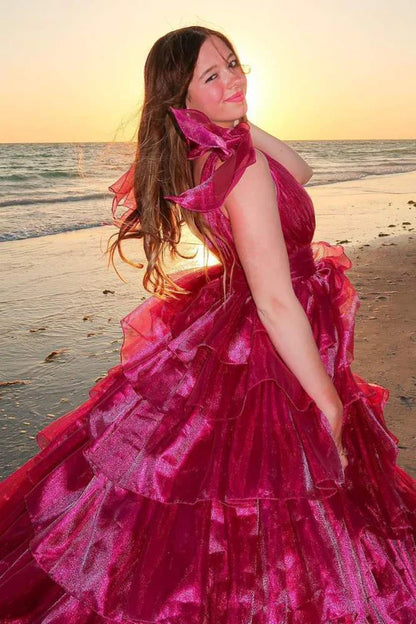 V-Neck Tiered A-Line Long Prom Dress with Bow Tie Straps