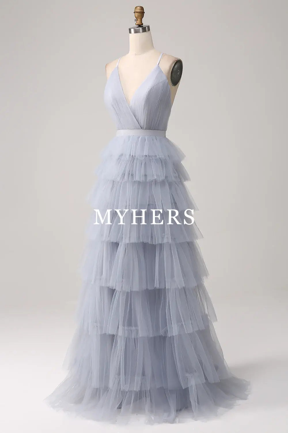 Formal Wear Dresses A-Line V Neck Spaghetti Straps Tiered Backless Floor Length Tulle Fantastic Fashion Prom Dress