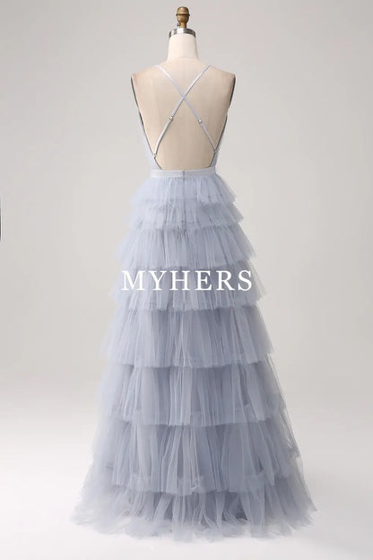 Formal Wear Dresses A-Line V Neck Spaghetti Straps Tiered Backless Floor Length Tulle Fantastic Fashion Prom Dress