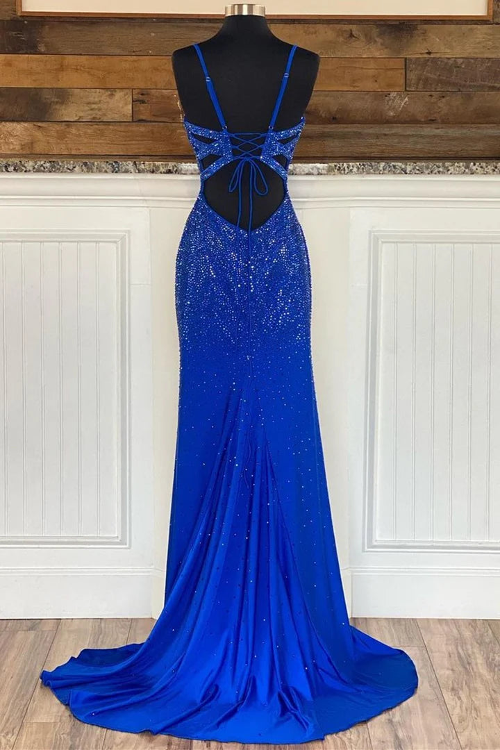 Beaded V-Neck Mermaid Long Prom Dress