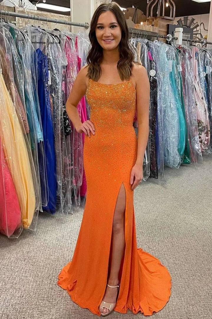 Beaded Lace-Up Back Long Formal Dress with Slit