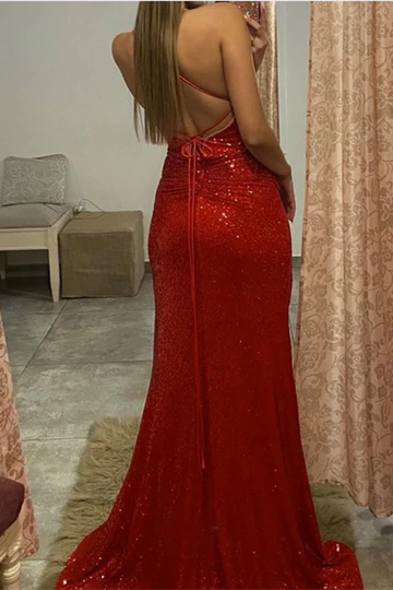 Sequin Surplice Backless Mermaid Prom Dress
