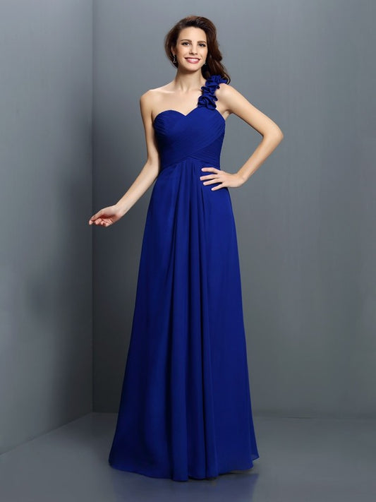 A-Line/Princess One-Shoulder Hand-Made Flower Sleeveless Long Chiffon Bridesmaid Dresses