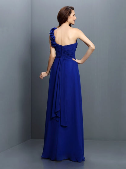 A-Line/Princess One-Shoulder Hand-Made Flower Sleeveless Long Chiffon Bridesmaid Dresses