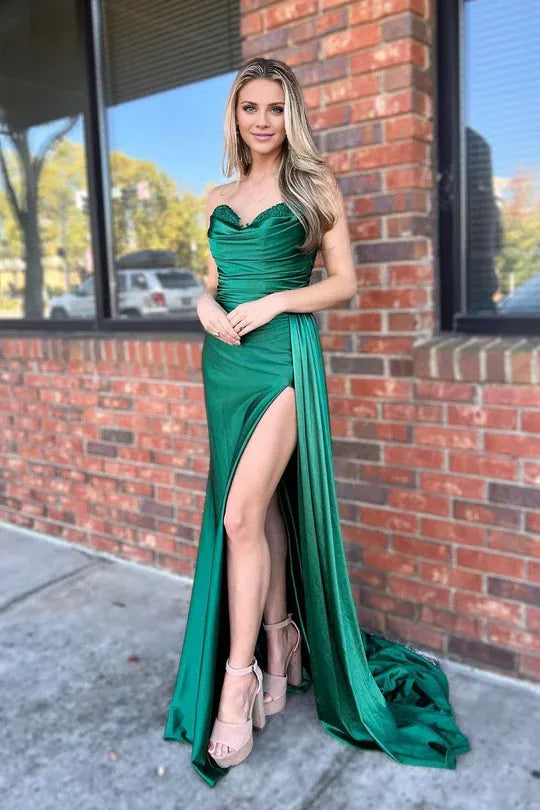 Mermaid Off-the-Shoulder Sweetheart Green Satin Prom Dresses with Slit