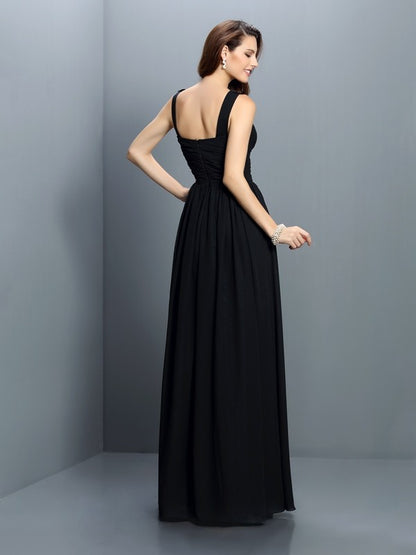 A-Line/Princess Bateau Pleats Sleeveless Long Chiffon Bridesmaid Dresses