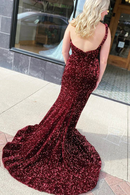 Cute Sparkly Mermaid One Shoulder Burgundy Sequins Long Prom Dresses with Slit