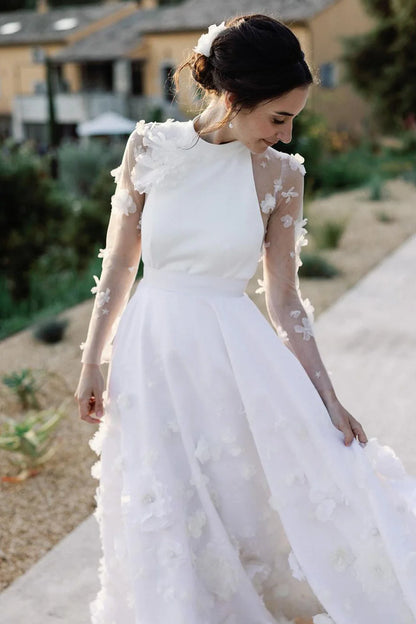 Fairy Ball Gown Satin Round Neck Tulle Back Buckle Wedding Dresses with 3D Flowers