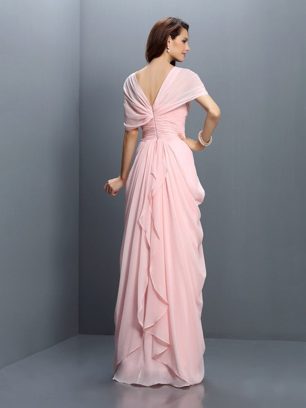 A-Line/Princess Sweetheart Pleats Short Sleeves Long Chiffon Bridesmaid Dresses