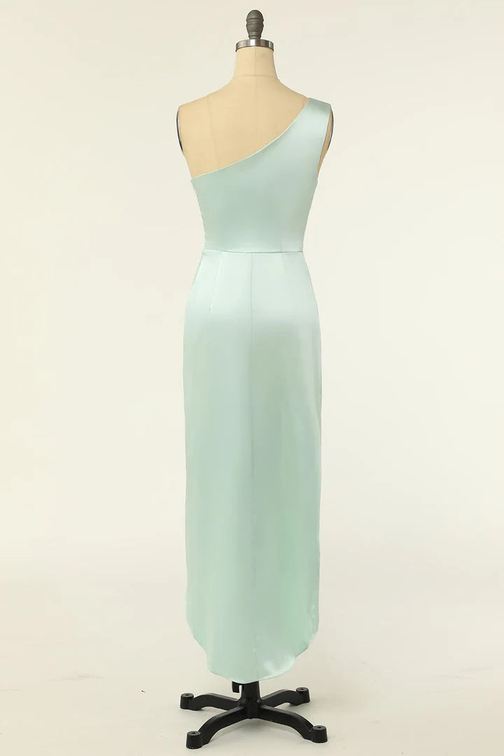 Mint Green Satin One-Shoulder Pleats Slim-fit Bridesmaid Dress