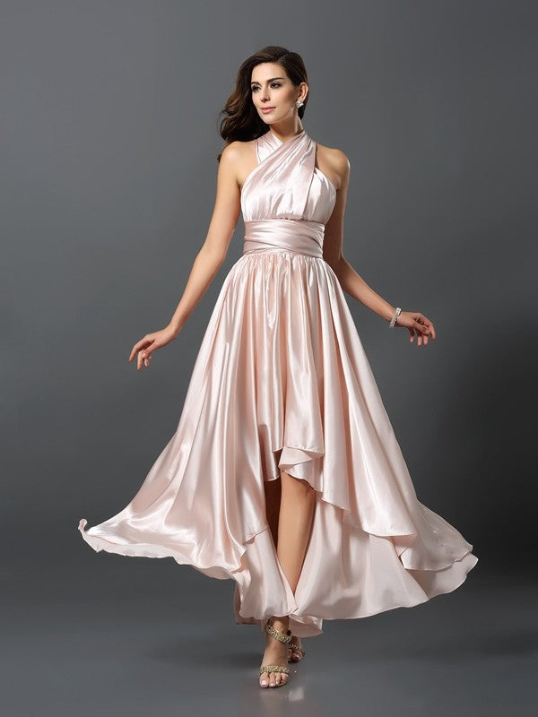 Sheath/Column Sleeveless High Low Silk like Satin Convertible Bridesmaid Dresses