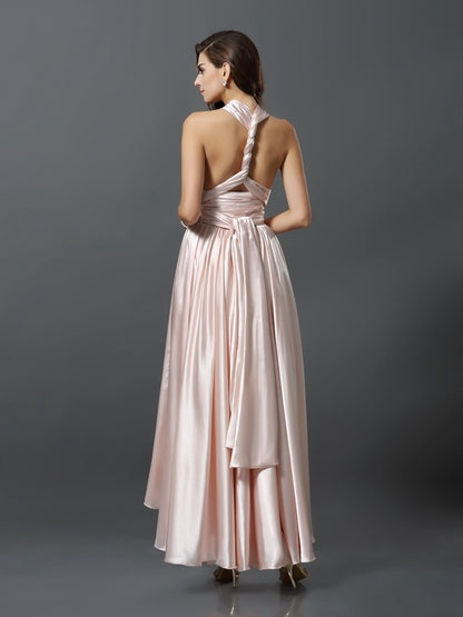 Sheath/Column Sleeveless High Low Silk like Satin Convertible Bridesmaid Dresses