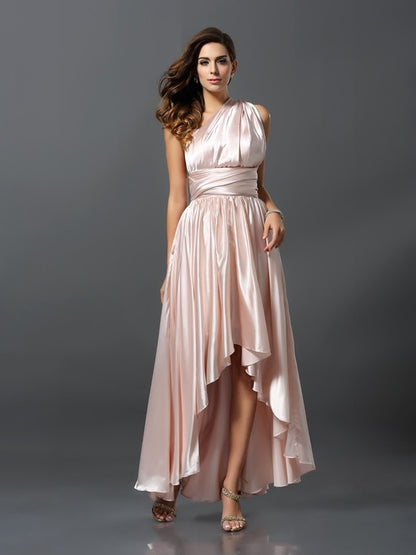 Sheath/Column Sleeveless High Low Silk like Satin Convertible Bridesmaid Dresses