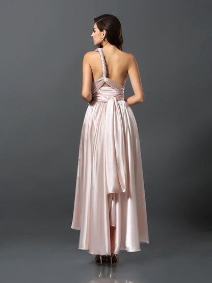 Sheath/Column Sleeveless High Low Silk like Satin Convertible Bridesmaid Dresses