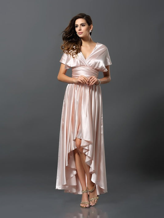 Sheath/Column Sleeveless High Low Silk like Satin Convertible Bridesmaid Dresses