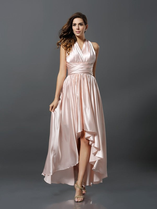 Sheath/Column Sleeveless High Low Silk like Satin Convertible Bridesmaid Dresses