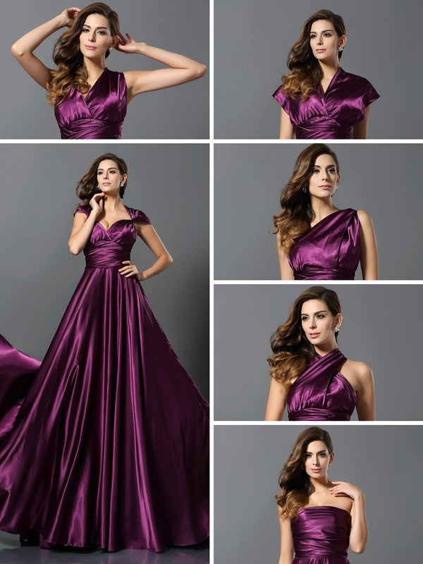 A-Line/Princess Pleats Sleeveless Long Silk like Satin Convertible Bridesmaid Dresses