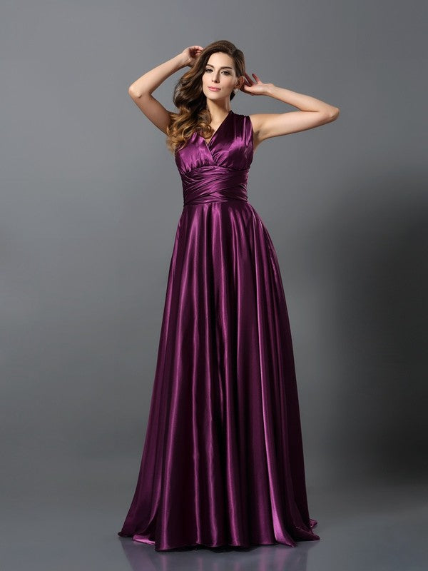 A-Line/Princess Pleats Sleeveless Long Silk like Satin Convertible Bridesmaid Dresses