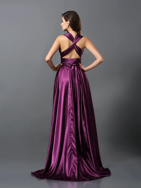 A-Line/Princess Pleats Sleeveless Long Silk like Satin Convertible Bridesmaid Dresses