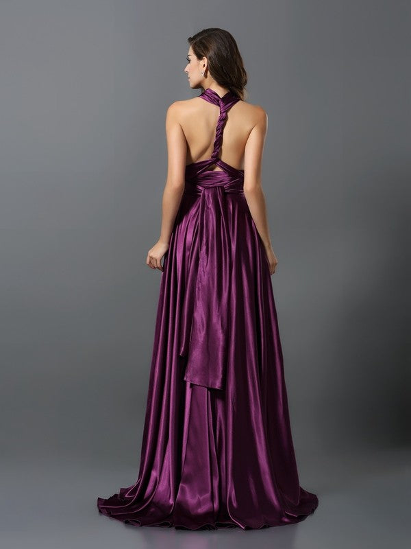 A-Line/Princess Pleats Sleeveless Long Silk like Satin Convertible Bridesmaid Dresses