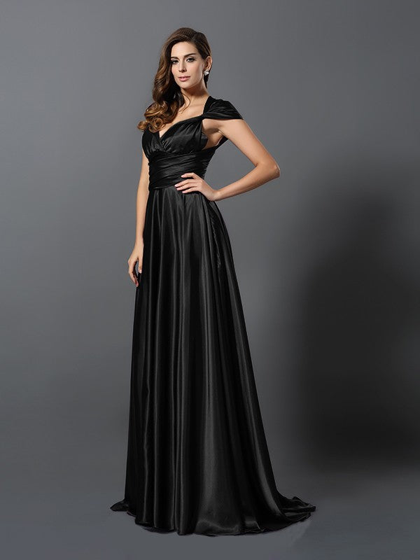 A-Line/Princess Pleats Sleeveless Long Silk like Satin Convertible Bridesmaid Dresses