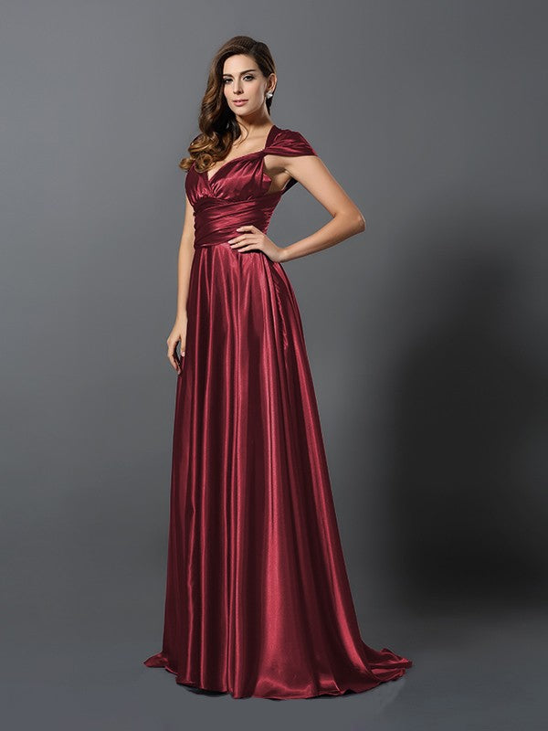 A-Line/Princess Pleats Sleeveless Long Silk like Satin Convertible Bridesmaid Dresses