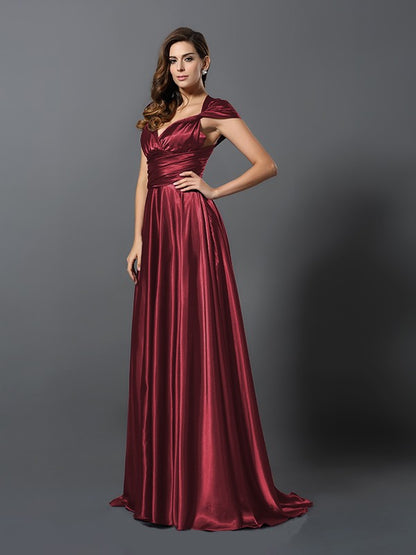 A-Line/Princess Pleats Sleeveless Long Silk like Satin Convertible Bridesmaid Dresses