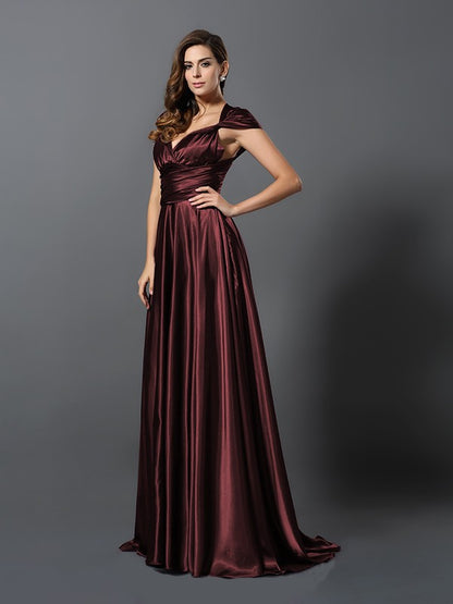 A-Line/Princess Pleats Sleeveless Long Silk like Satin Convertible Bridesmaid Dresses