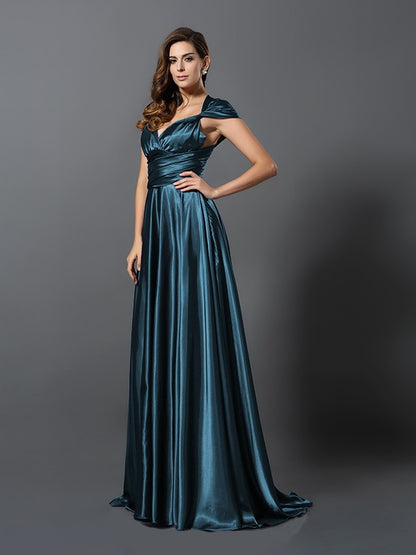 A-Line/Princess Pleats Sleeveless Long Silk like Satin Convertible Bridesmaid Dresses