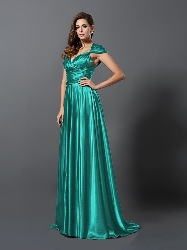 A-Line/Princess Pleats Sleeveless Long Silk like Satin Convertible Bridesmaid Dresses