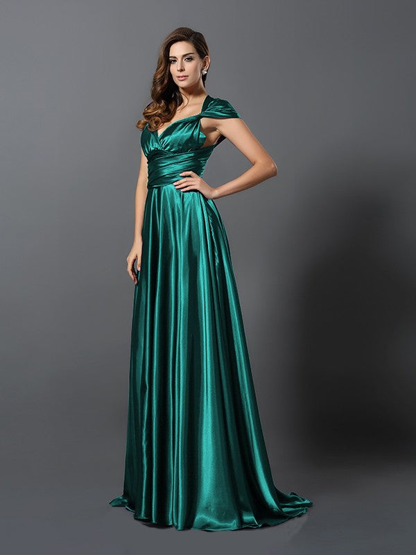 A-Line/Princess Pleats Sleeveless Long Silk like Satin Convertible Bridesmaid Dresses