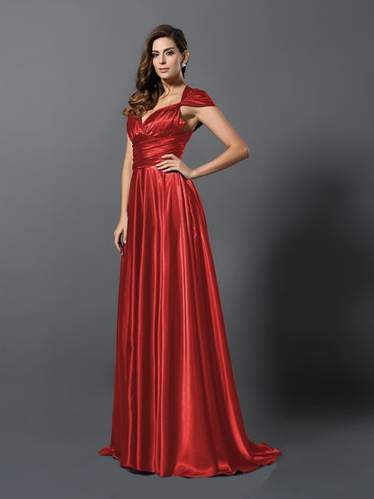 A-Line/Princess Pleats Sleeveless Long Silk like Satin Convertible Bridesmaid Dresses