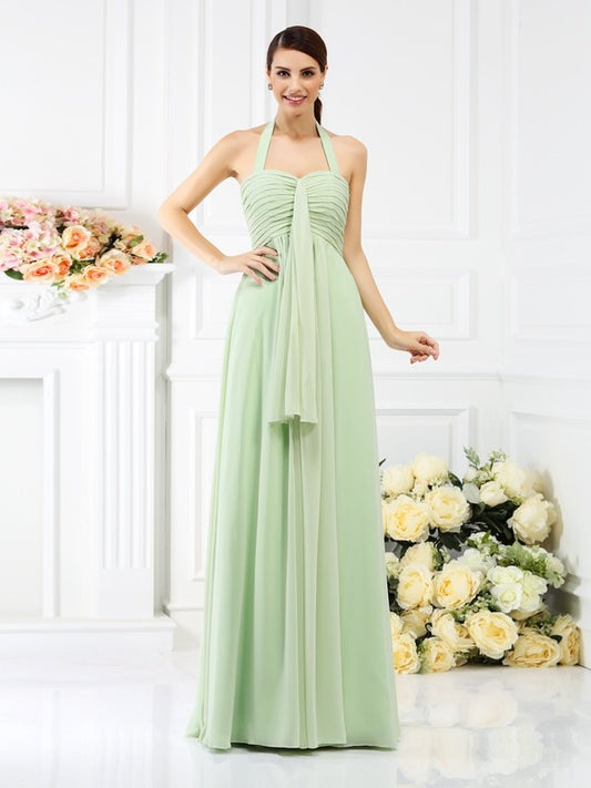 A-Line/Princess Halter Pleats Sleeveless Long Chiffon Bridesmaid Dresses