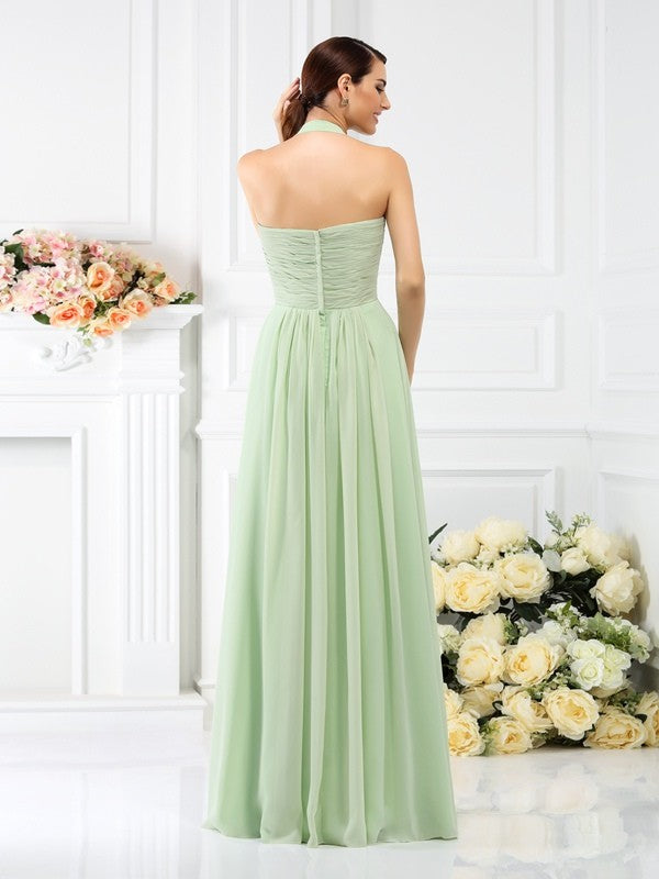 A-Line/Princess Halter Pleats Sleeveless Long Chiffon Bridesmaid Dresses